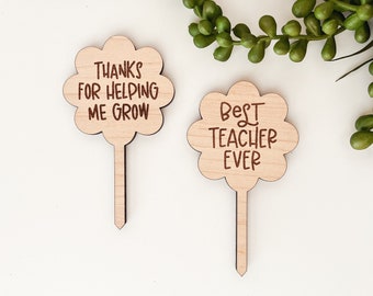 Digital Teacher Appreciation Flower Plant Pick SVG, Thanks for Helping Me Grow Garden Plant Stake Laser Cutting File, Best Teacher Ever File