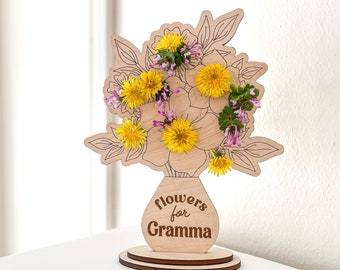 SVG Wood Flower Holder Laser Ready Cut File, Mother’s Day Gift Glowforge Ideas, Flowers for Mom Mommy Grandma, Scored Floral Pattern