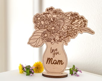 DIGITAL Flower Bouquet with Stand SVG Glowforge Laser Cut File, Engraved Florals Mother's Day Svg with Interchangeable Names for Mom Grandma