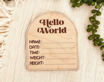DIGITAL Hello World Sign SVG, Signo de anuncio de nacimiento SVG Glowforge Laser File, Baby Name Plaque Svg, Easy Glowforge Files