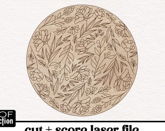 DIGITAL Single-line Score Floral Background Laser SVG, Wildflower Pattern Round Sign Laser Cut File, Flower Background File for Name Sign