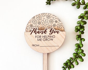 Digital Teacher Appreciation Gift Card Holder SVG, Thanks for Helping Me Grow Garden Plant Stake Laser Cutting File, Floral Score Pattern