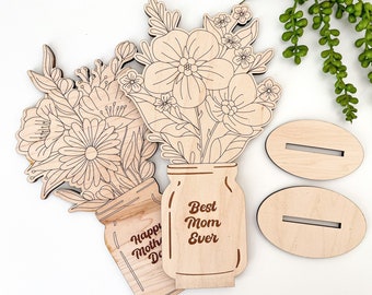 DIGITAL Happy Mother's Day Mason Jar Flower Bouquet with Stand SVG Glowforge Laser Cut File, Scored Florals Svg with Interchangeable Names