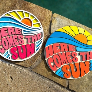 DIGITAL Here Comes the Sun Signs SVG Laser File - 2 Styles Included! Layered Summer Sunshine Home Decor Round Sign Glowforge Laser Svg