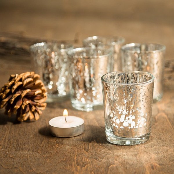 SET OF 24 Silver Mercury Glass Candle Votive Mercury Glass Tea Light Votive Holder Silver Mercury Glass Silver Speckled Glass Candle Holder