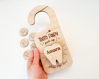 DIGITAL Tooth Fairy Pick-Up Box Door Hanger with Tokens SVG Glowforge Laser Cut File, Wooden Kid's Doorknob Tooth Holder Laser Files