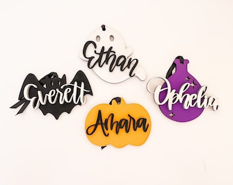 DIGITALE Halloween Trick or Treat Boo Basket Naam Tags Svg Glowforge Laser Cut File, Ghost Pumpkin Bat Potion Bag Tag Bundel Lasersnijden