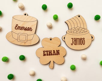 DIGITAL St. Patrick's Day Basket Wood Name Tags SVG Glowforge Laser Cut File, Leprechaun Hat, Lucky Clover, Pot of Gold Scored Gift Tag Svg