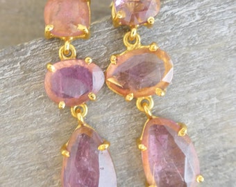 Pink Tourmaline Gemstone Vermeil Drop Earrings- Gemstone Jewelry- Statement Earrings- Vermeil Earrings - Sterling Silver Earrings