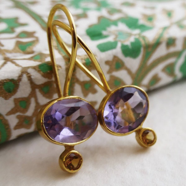 Amethyst and Citrine Gold Plated Sterling Silver Drop Earrings