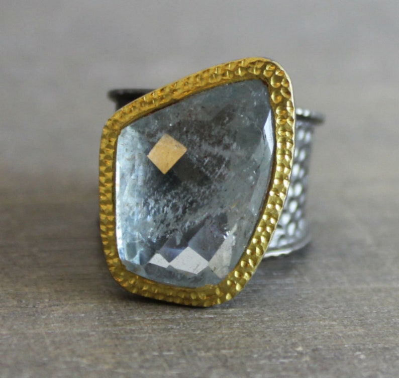 Aquamarine Oxidized Sterling Silver Ring Statement Ring Mixed Metal Jewellery Cocktail Ring March Birthstone- Gemstone Ring