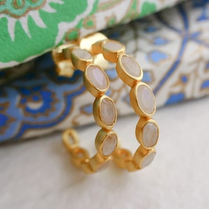 30mm Moonstone Gold Plated Sterling Silver Hoop Earrings - Natural Gem Gemstone Jewelry - Gifts for Women - Birthstone Birthday Gift Idea