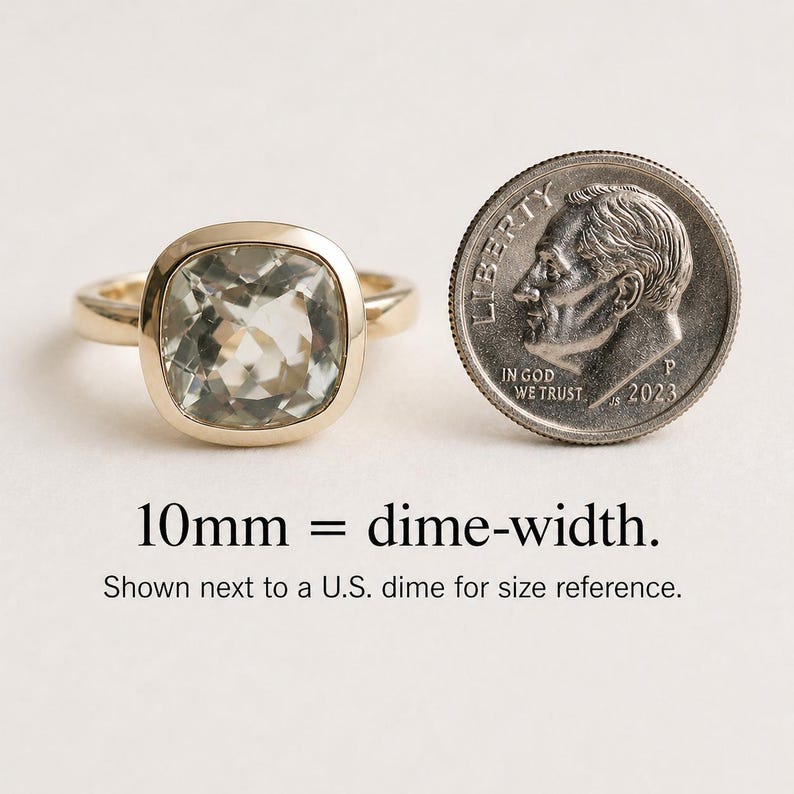 May include: A gold ring with a square, light green gemstone. Next to the ring is a U.S. dime for size comparison. The text on the image reads "10mm = dime-width."