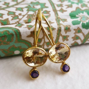 Citrine and Amethyst Gold Plated Sterling Silver Drop Earrings - Gifts for Women - Natural Gemstone Jewellery - Birthday Wedding Bridal