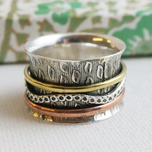 Silver Copper Brass Leaf Spinning Ring Size 7 - Worry Anxiety Meditation Statement Ring - Handmade Gifts for Women - Boho Bohemian Jewelry