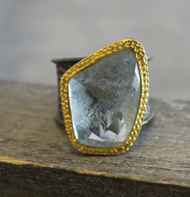 Aquamarine Oxidized Sterling Silver Ring Statement Ring Mixed Metal Jewellery Cocktail Ring March Birthstone- Gemstone Ring