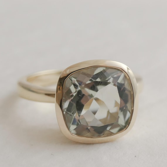Natural Prasiolite Jewelry Statement Piece Handpicked Stone Cocktail Ring Cushion Cut Green Amethyst Bezel Set Sterling Silver Band Ring
