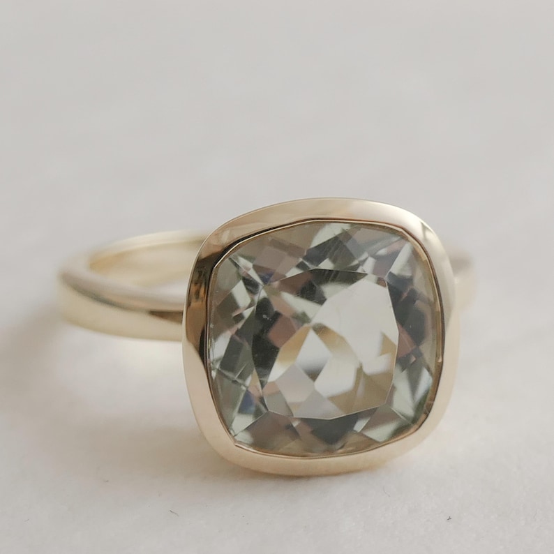 natural Green amethyst prasiolite gold plated sterling silver ring gem gemstone vermeil birthday gift idea for women anniversary graduation confirmation cushion faceted stone