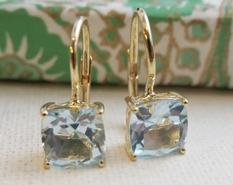 Blue Topaz Gold Plated Sterling Silver Leverback Earrings - Gemstone Earrings - Gold Earrings - Gift ideas for Her - Blue Topaz Jewellery