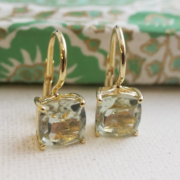 Green Amethyst Gold Plated Sterling Silver Leverback Earrings - Gemstone Earrings - Gold Earrings - Gift ideas for Her - Green Earrings