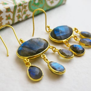 Labradorite   Gold Plated Sterling Silver Chandelier Earrings - Gifts for Women - Natural Gem Gemstone Jewellery - Wedding Bridal Jewelry