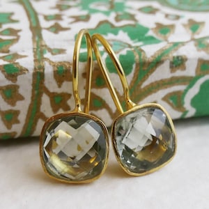 Green Amethyst Cushion Cut Gold Plated Sterling Silver Drop Earrings - Natural Gem Gemstone Jewelry - Gift ideas for Women - Birthstone