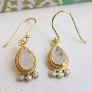 Moonstone and Cultured Freshwater Pearl Gold Plated Sterling Silver Drop Earrings - Natural Gem Gemstone Jewelry - Gift Ideas ffor Women