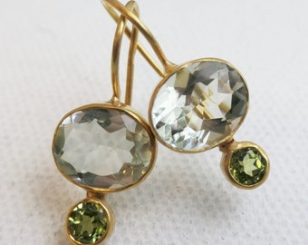 Green Amethyst and Peridot Gold Plated Sterling Silver Drop Earrings