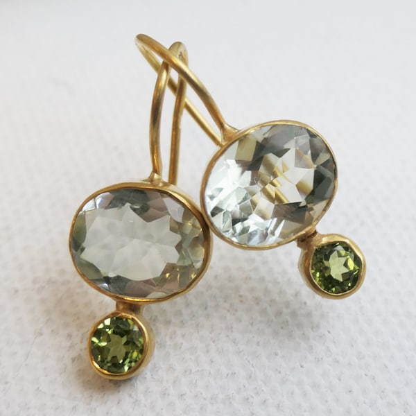 Green Amethyst and Peridot Gold Plated Sterling Silver Drop Earrings