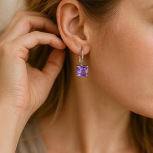 Amethyst Sterling Silver Leverback Earrings - Natural Gem Gemstone Earrings  - Gift ideas for Women  - February Birthstone - Purple Gems