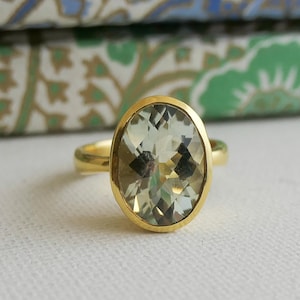 Oval Green Amethyst Gold Plated Sterling Silver 925 Ring Size 6.5 - Natural Gemstone Ring - Green Amethyst Jewelry - Gifts for Women