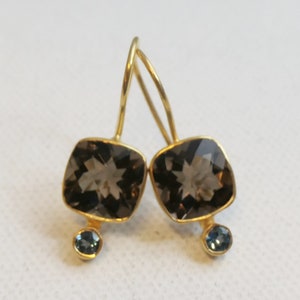 Smoky Quartz and London Blue Topaz Gold Plated Sterling Silver Drop Earrings - Handmade Gifts for Women - Natural Gem Gemstone Jewelry