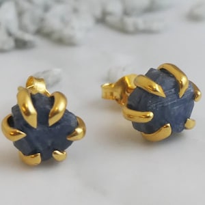 Raw Sapphire Gold Plated Sterling Silver Stud Earrings - Gifts for Women - Natural Gem Gemstone Jewellery - Birthstone Birthday Gift Idea