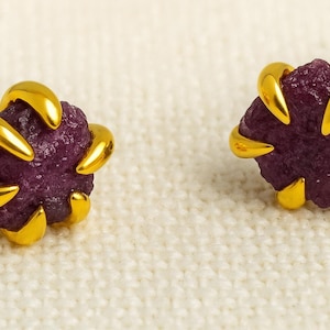 Raw Ruby Gold Plated Sterling Silver Stud Earrings - Natural Gem Gemstone Jewelry - Handmade Gifts for Women - Birthstone Birthday