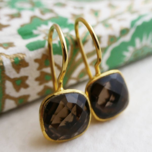 Smoky Quartz Cushion Cut Drop Earrings - Gemstone Earrings - Gold Earrings - Gift ideas for Her - Gifts under 50 dollars - Brown Earrings