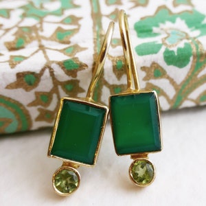 Green Onyx and Peridot Gold Plated Sterling Silver Drop Earrings - Gifts for Women - Natural Gemstone Jewellery Jewelry