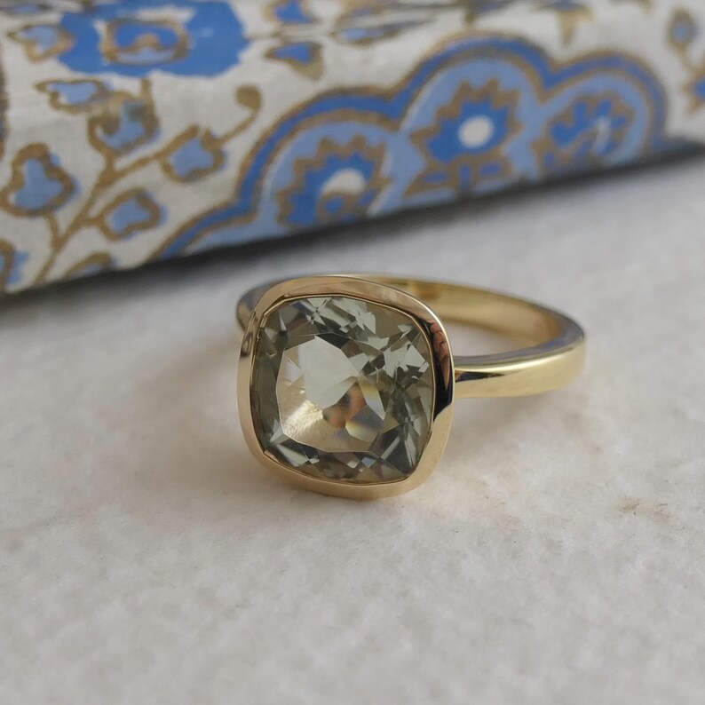 Green Amethyst Ring Cushion Cut Design Natural Stone Collection Sterling Silver Band Statement Piece Yellow Gold Plated Setting Handpicked Quality Beautiful Modern Style Elegant Jewelry Special Occasion Gift Perfect Present