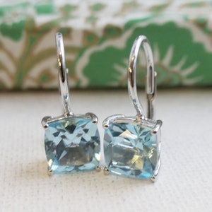 Blue Topaz Sterling Silver Leverback Earrings - Natural Gem Gemstone Earrings - Handmade Gift ideas for Women - Birthstone Jewelry Jewellery