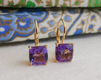 Amethyst Gold Plated Sterling Silver Leverback Earrings - Gemstone Earrings - Gold Earrings - Gift ideas for Her - February Birthstone