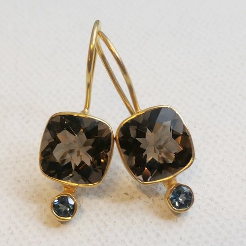 Smoky Quartz and London Blue Topaz Gold Plated Sterling Silver Drop Earrings - Handmade Gifts for Women - Natural Gem Gemstone Jewelry