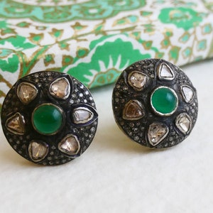 Emerald and Diamond Slice Stud Sterling Silver Earrings - Gifts for Women -  Natural Gem Gemstones - Birthstone Birthday Gifts