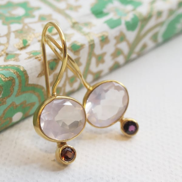 Rose Quartz Rhodolite Garnet Gold Plated Sterling Silver Drop Dangle Earrings - Gifts for Women - Bridal Wedding - Natural Gemstone Jewelry