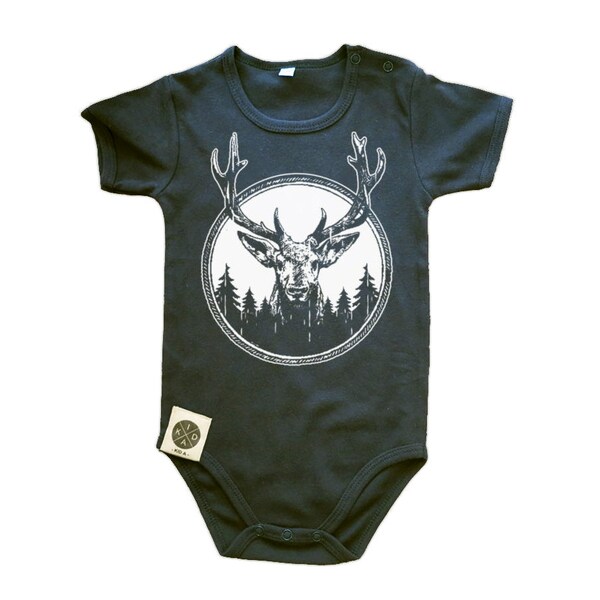 SALE Baby Bodysuit, Baby Onesies, Black Hipster Baby Bodysuit, Printed with a Cool Reindeer Design, Cotton Deer Onesies, Baby Bodysuit