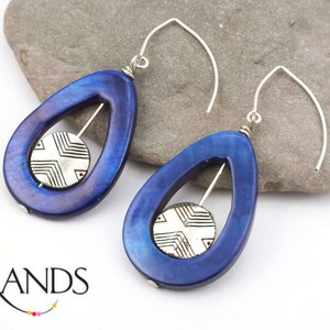 As Seen on Home Economics Blue Shell Teardrop & Etched Silver Earrings