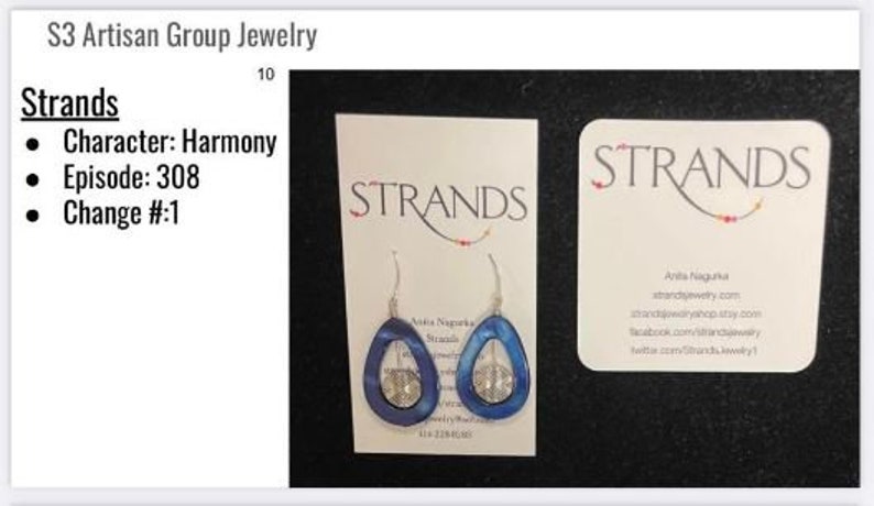 May include: Earrings with a blue teardrop design and silver accents, displayed on a white card with the word "STRANDS". The earrings are part of the "Harmony" character collection, episode 308.