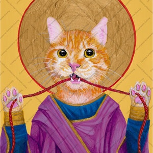 May include: A painting of a cat in a purple robe with a gold halo. The cat is holding a red rope in its paws and has a serious expression on its face. The background is a yellow color.