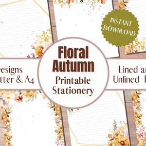 Juego de papelería floral de otoño, Papel de escribir imprimible con y sin forro, Regalos para ella, Flores de otoño, Papel de escribir en blanco, Tamaños carta y A4