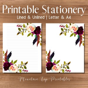 Regalo di cancelleria floreale stampabile, foderato e sfoderato, per lei, con rose bordeaux, carta da lettere, lettera americana e confezione di carta A4