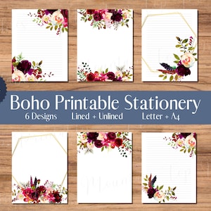 Juego de papelería floral Papel de escribir imprimible forrado y sin forro Regalos para ella Papel de escribir en blanco Tamaños carta y A4