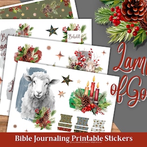 Kerst Bijbel Journaling Stickers Afdrukbare Lam van God en Bloemen Bijbel Tabs, Digitale Planner Stickers voor Johannes 1:29, 300 DPI PDF's